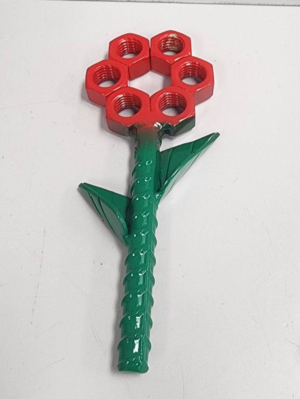 Handcrafted Green Stem Red Flower Metal Accent